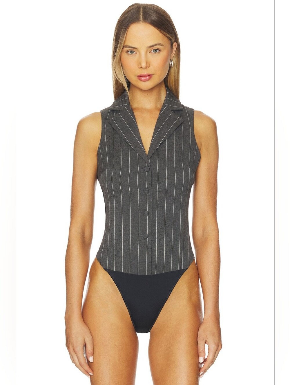 $325 fleur du mal  Maxwell Bodysuit in Dark Grey Pinstripe XS